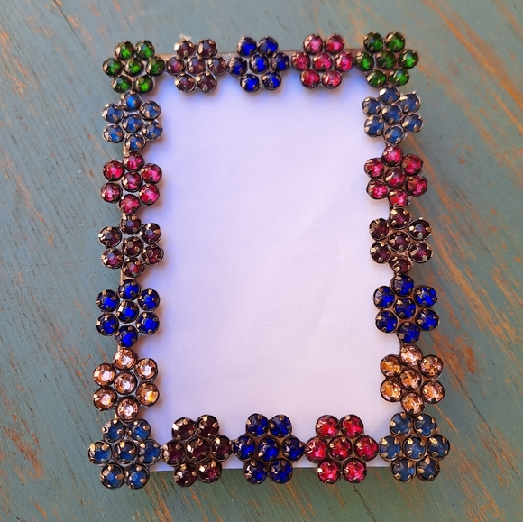 Jeweled Picture Frame Metal and Gemstone Flowers Multi Colored Jewel Tones - Picture 5 of 16